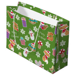 Sacola Para Presentes Grande Woodland Animal Pattern Green Merry Christmas