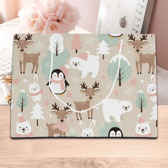 Sacola Para Presentes Grande Woodland Whimsical Forest Animals Winter (Criador carregado)