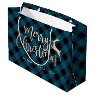 Sacola Para Presentes Grande Xadrez azul e preto de Natal Dourado elegante