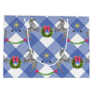 Sacola Para Presentes Grande Xadrez Azul Zebras no Feriado