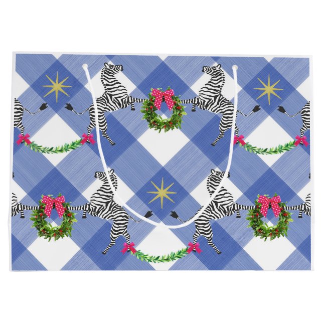 Sacola Para Presentes Grande Xadrez Azul Zebras no Feriado (Verso)