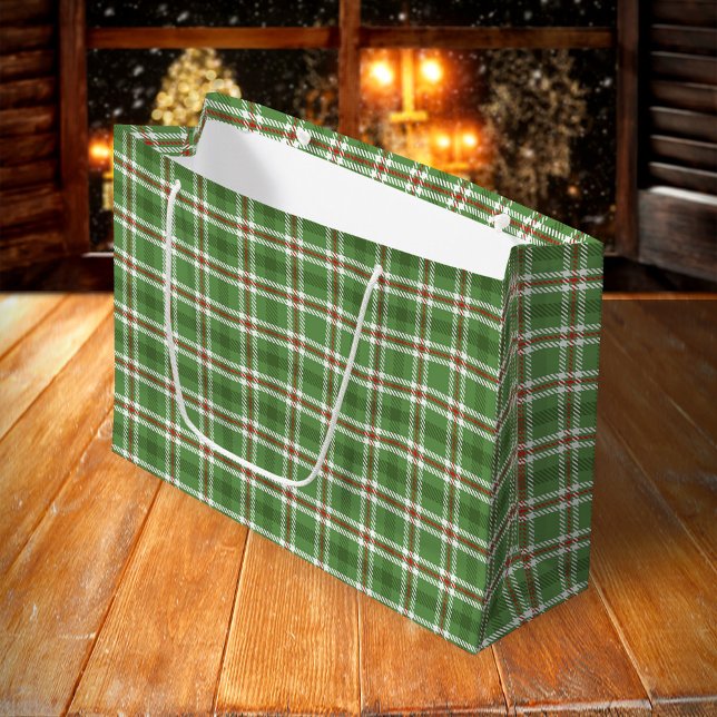 Sacola Para Presentes Grande Xadrez de Farmhouse de Natal Russo Verde (Green plaid pattern classic large gift bag.)