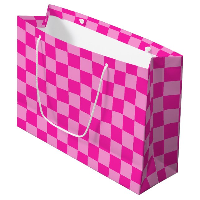 Sacola Para Presentes Grande Xadrez Rosa Atraente (Frente inclinada)