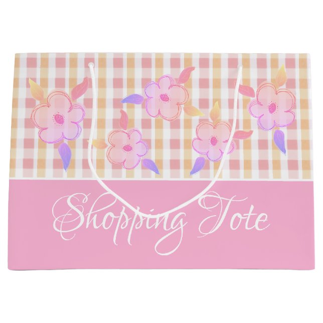 Sacola Para Presentes Grande Xadrez rosa bonito (Frente)