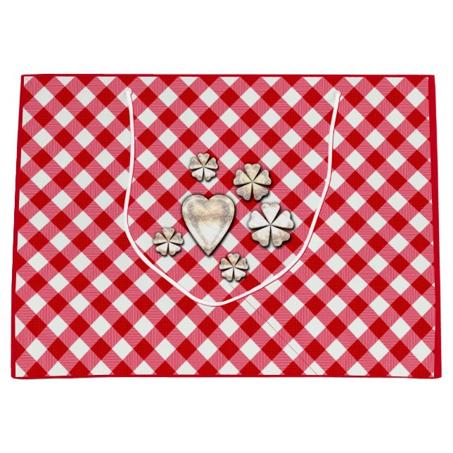 Sacola Para Presentes Grande xadrez tartan clássica textura branca vermelha clá (Frente)
