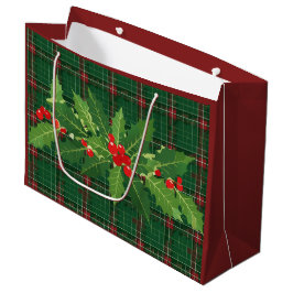 Sacola Para Presentes Grande Xadrez Verde de Natal com Coroa
