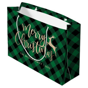 Sacola Para Presentes Grande Xadrez verde e preto de Natal Dourado elegante