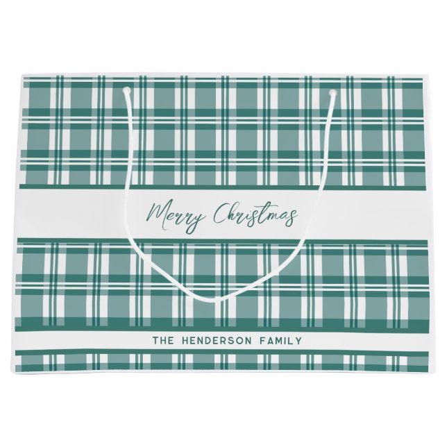 Sacola Para Presentes Grande Xadrez Verde | Feliz Natal | Nome personalizado (Frente)