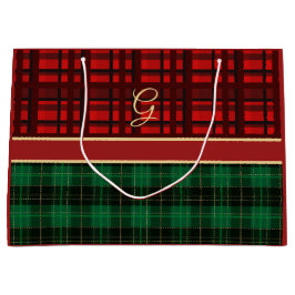 Sacola Para Presentes Grande Xadrez Vermelha e Verde com Dourada Inicial