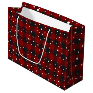 Sacola Para Presentes Grande Xadrez vermelho e preto com estrelas