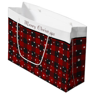 Sacola Para Presentes Grande Xadrez vermelho e preto com estrelas saco de prese