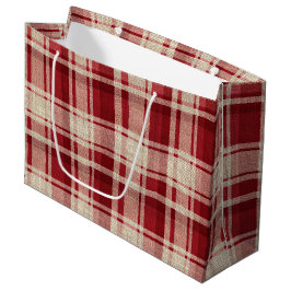 Sacola Para Presentes Grande Xadrezes de Creme Vermelho