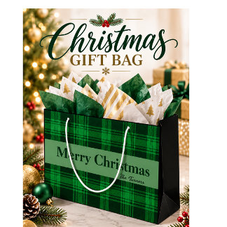 Sacola Para Presentes Grande Xmas Personalizado com Elegante Plaid Tartan Verde