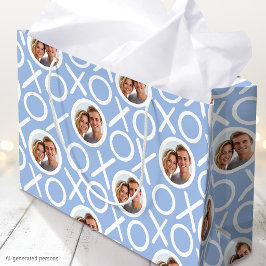 Sacola Para Presentes Grande XOXO Abraços & Beijos 2 Foto Azul Pincel Script