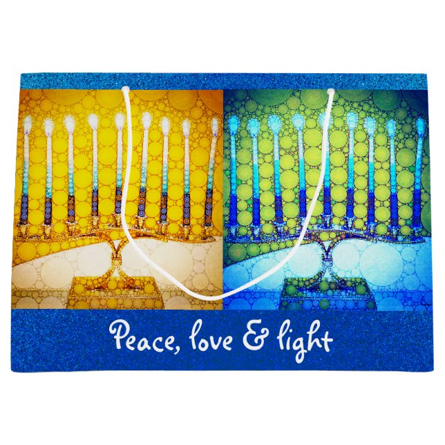 Sacola Para Presentes Grande Yellow Blue Peace Love Light Hanukkah Menorahs (Frente)