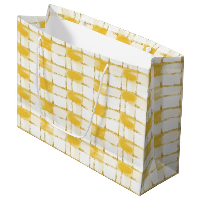 Sacola Para Presentes Grande Yellow White Plaid Stripes Birthday (Frente inclinada)