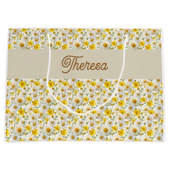 Sacola Para Presentes Grande Yellow Wildflowers Pattern Monogram Name (Frente)