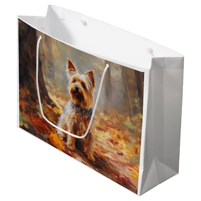 Sacola Para Presentes Grande Yorkshire Terrier em Autumn Leaves Cai Inspire (Frente inclinada)