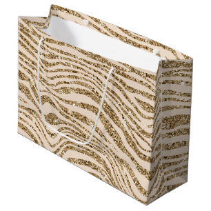 Sacola Para Presentes Grande Zebra Brilho Falso Dourado Creme