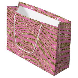 Sacola Para Presentes Grande Zebra Brilho Falso Dourado Rosa