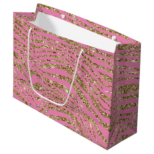 Sacola Para Presentes Grande Zebra Brilho Falso Dourado Rosa  (Frente inclinada)