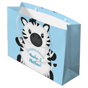 Sacola Para Presentes Grande Zebra Chá de fraldas Safari Blue Boy
