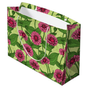 Sacola Para Presentes Grande Zinnias cor-de-rosa em verde claro
