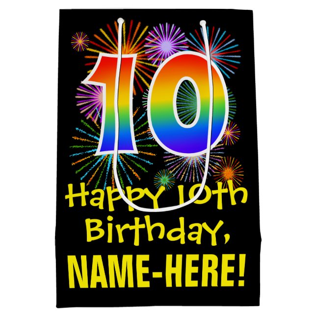 Sacola Para Presentes Média 10º aniversário: Padrão Divertido de Fogos de Arti (Verso)