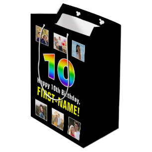 Sacola Para Presentes Média 10.º aniversário: Arco-Íris "10", Fotos e Nome Per