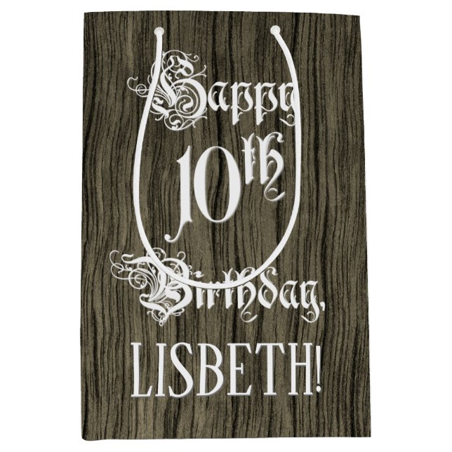 Sacola Para Presentes Média 10.o aniversário: Rico, aparência de madeira falsa (Frente)