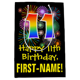 Sacola Para Presentes Média 11 Birthday: Padrão Divertido do Fireworks + Rainb