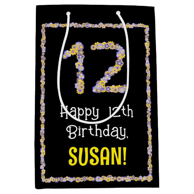 Sacola Para Presentes Média 12 Aniversário: Número de Flores Florais, Nome Per (Frente)