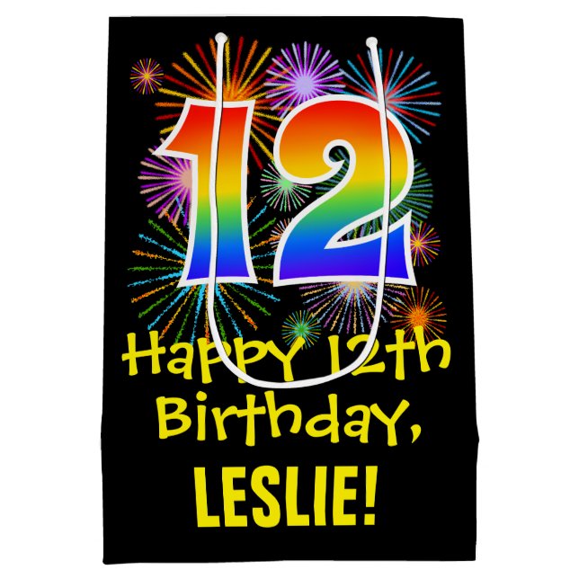 Sacola Para Presentes Média 12 Birthday: Padrão Divertido do Fireworks + Rainb (Verso)