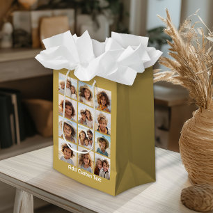 Sacola Para Presentes Média 12 Colagem de Fotos com Dourado Fundo