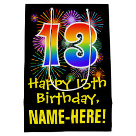 Sacola Para Presentes Média 13 Aniversário: Padrão de diversão do Fireworks +