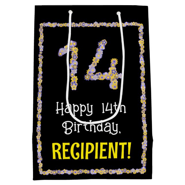 Sacola Para Presentes Média 14 Aniversário: Número de Flores Florais, Nome Per (Verso)