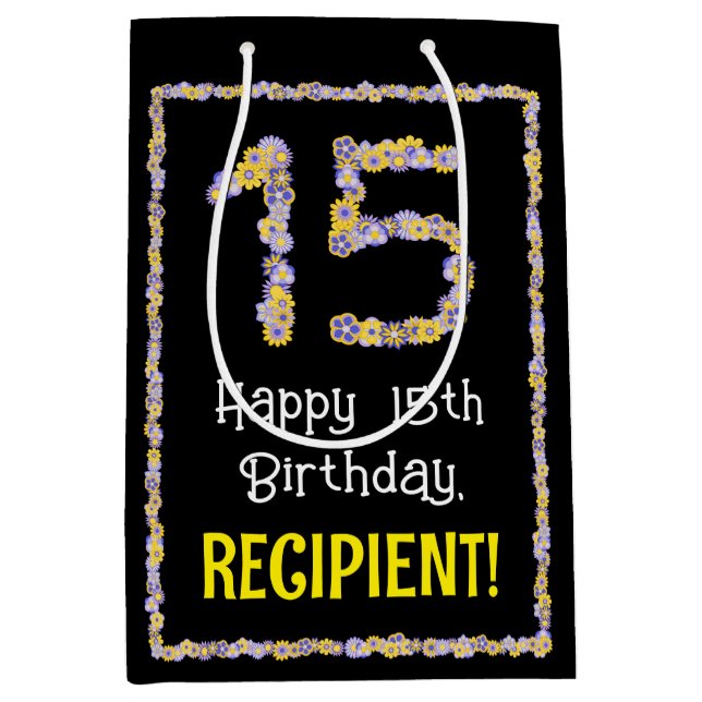 Sacola Para Presentes Média 15 Aniversário: Número de Flores Florais, Nome Per (Frente)