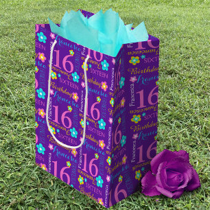 Sacola Para Presentes Média 16.º Aniversário nome personalizado aqua amarelo
