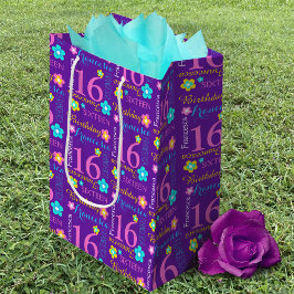 Sacola Para Presentes Média 16.º Aniversário nome personalizado aqua amarelo r