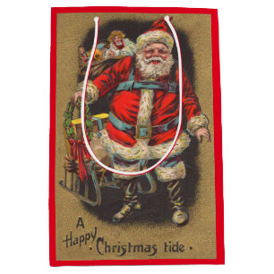 Sacola Para Presentes Média 1915 Papai Noel com o trenó e brinquedos impress