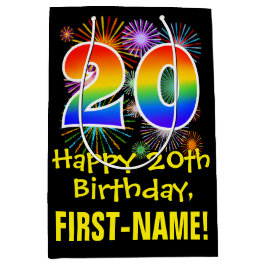 Sacola Para Presentes Média 20 Birthday: Padrão Divertido do Fireworks + Rainb