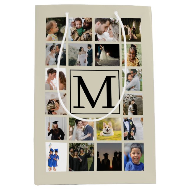 Sacola Para Presentes Média 20 fotos colagem Black Biege Pattern avós (Frente)