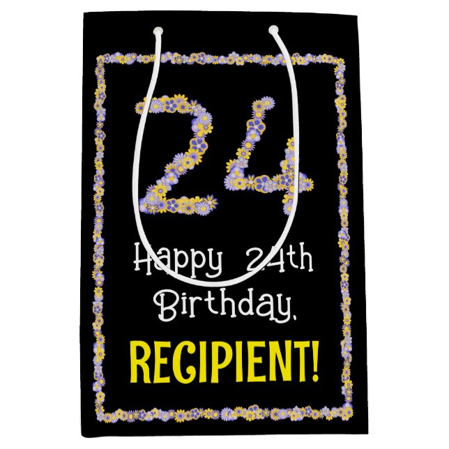 Sacola Para Presentes Média 24.o aniversário: Número de Flores, Nome Personali (Frente)