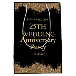 Sacola Para Presentes Média 25th Wedding Anniversary Gold Faux Glitter 