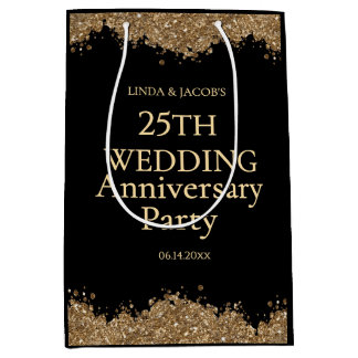 Sacola Para Presentes Média 25th Wedding Anniversary Gold Faux Glitter