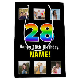 Sacola Para Presentes Média 28.º aniversário: Arco-íris "28", Fotos e Nome Per