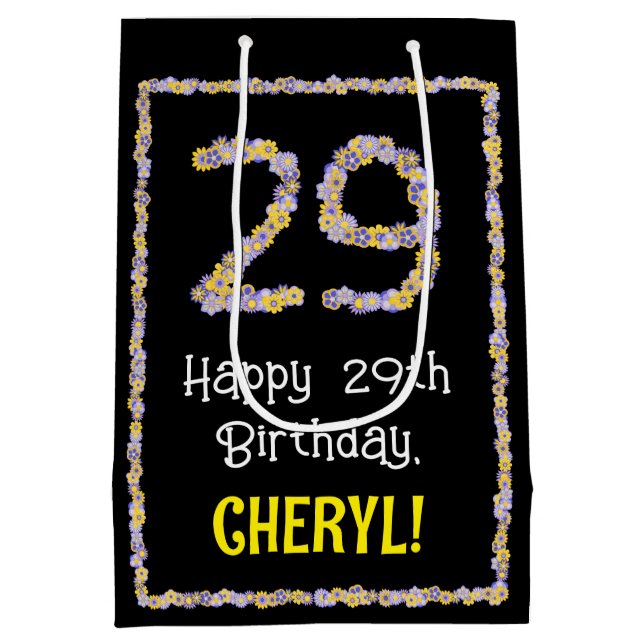 Sacola Para Presentes Média 29.o aniversário: Número de Flores, Nome Personali (Verso)