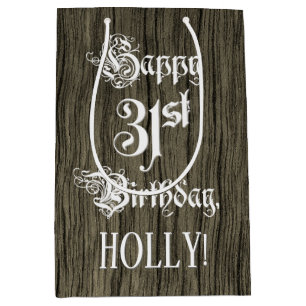 Sacola Para Presentes Média 31.o Aniversário: Rico, Faux Wood Look + Nome Per