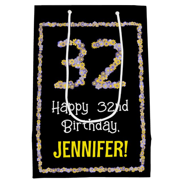 Sacola Para Presentes Média 32.o Aniversário: Número de Flores, Nome Personali (Verso)