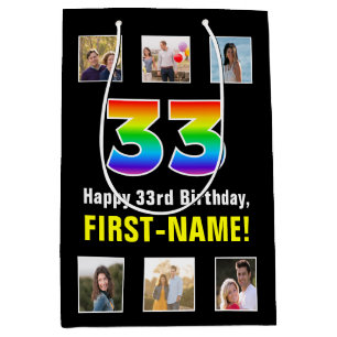 Sacola Para Presentes Média 33º aniversário: Rainbow "33", Fotos e Nome Person
